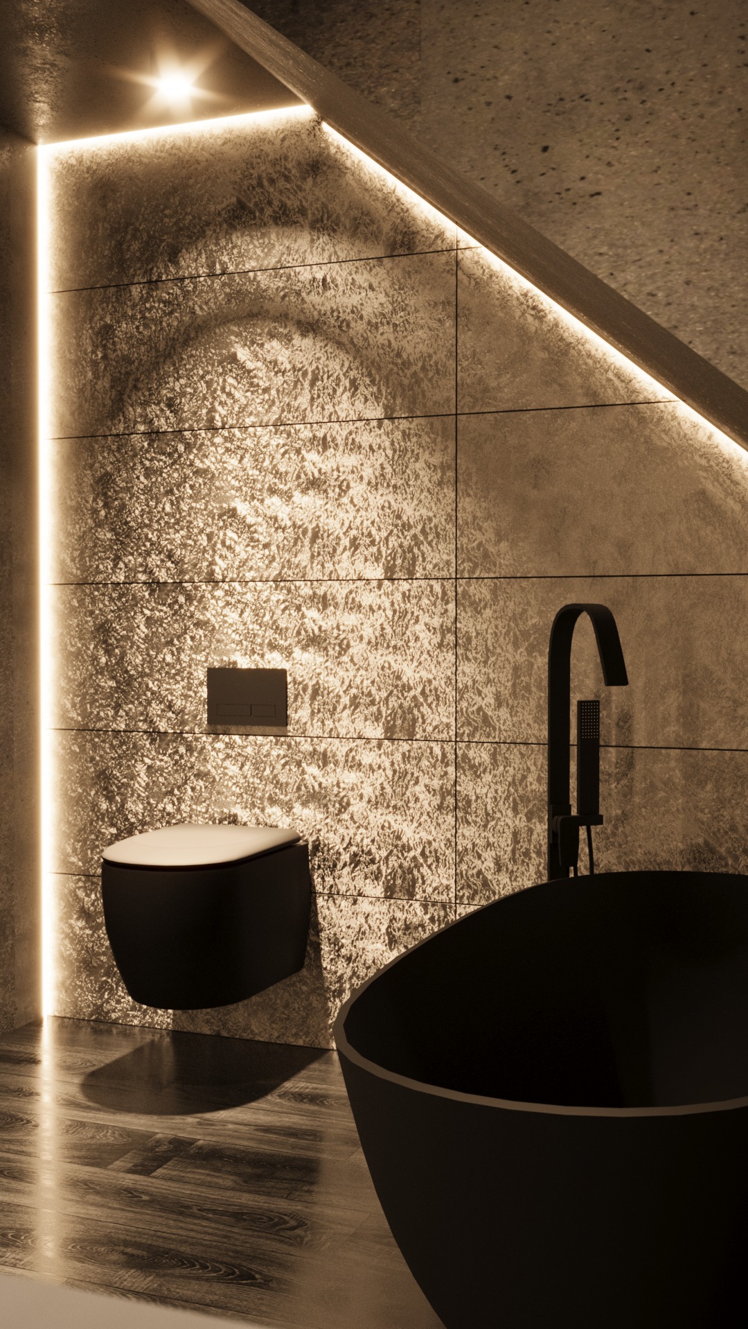 Nowoczesna łazienka w odcieniach złota: czarna wanna wolnostojąca, podwieszana toaleta i płytki z efektem metalicznego połysku, oświetlenie LED.