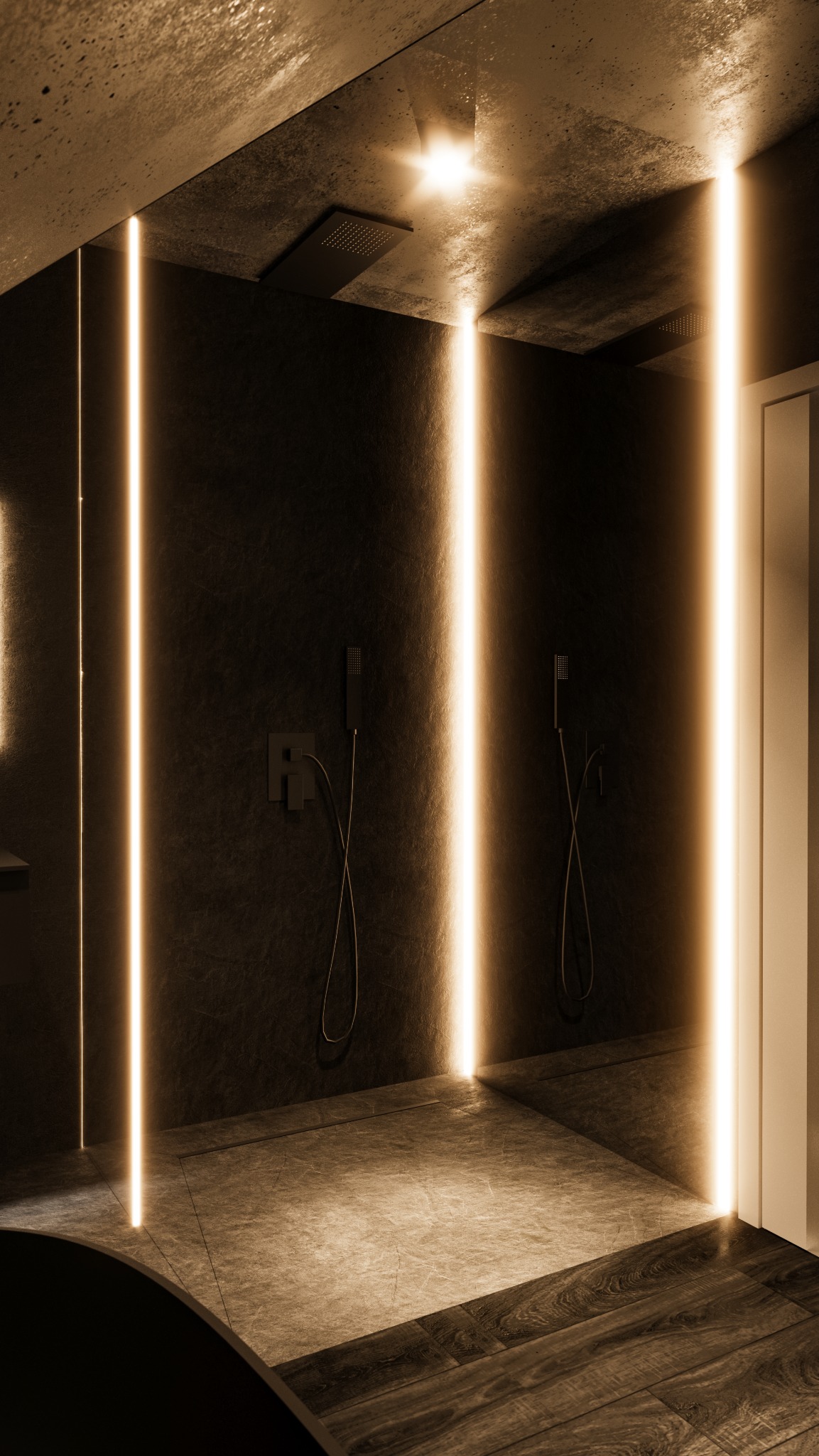 Nowoczesna łazienka z czarną armaturą, subtelnym oświetleniem LED i betonową fakturą ścian. Minimalistyczny design z drewnianymi akcentami podłogi.