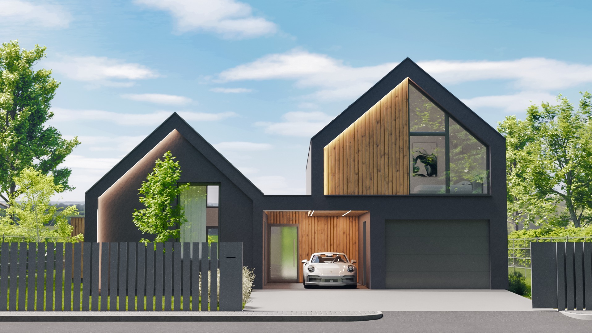 Nowoczesny dom z czarną elewacją, drewnianymi akcentami i garażem, na podjeździe białe Porsche. Minimalistyczne ogrodzenie i zieleń drzew dopełniają aranżację.