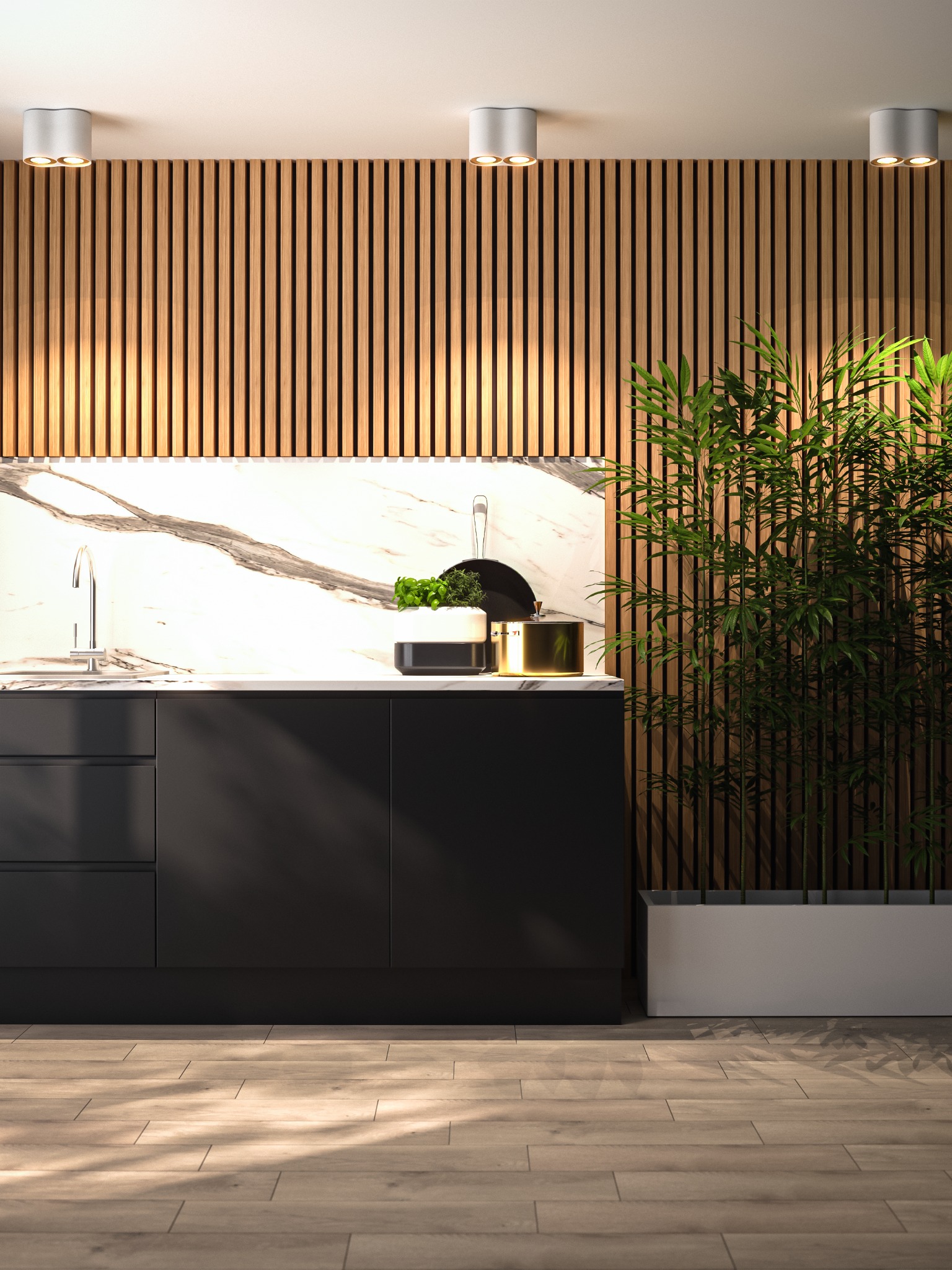 Nowoczesna kuchnia z czarnymi szafkami, marmurowym blatem i drewnianymi lamelami na ścianie. Wnętrze dopełnia roślina w białej donicy.
