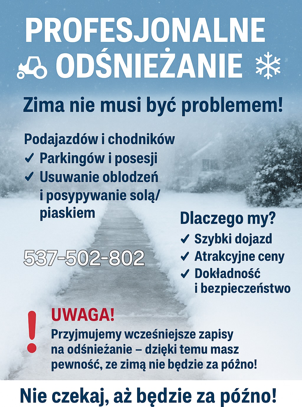 Profesjonalne odśnieżanie: podjazdy, parkingi, posesje, usuwanie oblodzeń. Zima nie musi być problemem! Szybki dojazd, atrakcyjne ceny, dokładność.