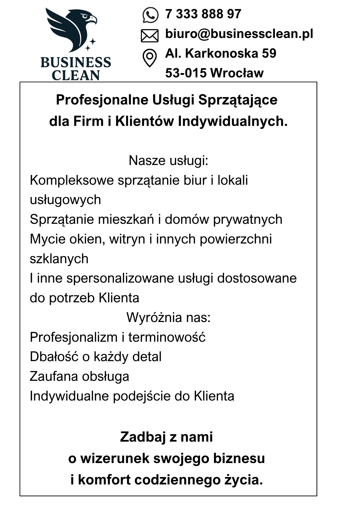Oferta Business Clean: profesjonalne usługi sprzątające dla firm i klientów indywidualnych. Kompleksowe sprzątanie biur, mieszkań, mycie okien i inne usługi.