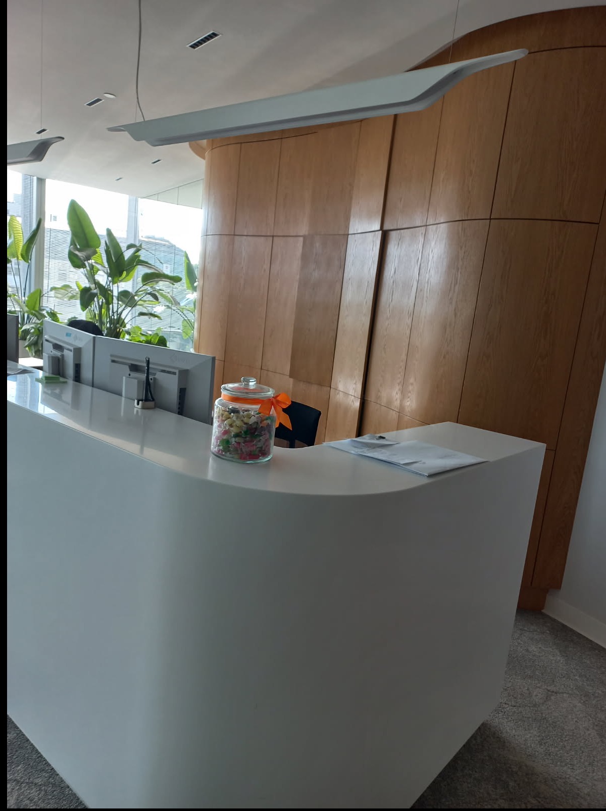 Biała lada recepcyjna w biurze z drewnianą zabudową w tle i roślinami, doświetlona lampą sufitową. Na ladzie słoik ze słodyczami i dokumenty.