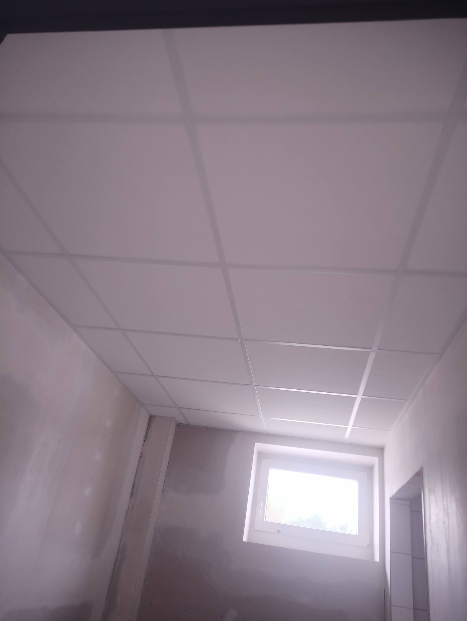 Biały sufit kasetonowy z widoczną siatką profili, w tle fragment ściany po szpachlowaniu, okno z jasnym światłem dziennym. Ujęcie z dołu.