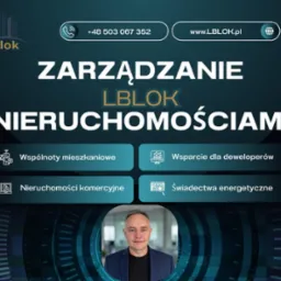Grafika reklamowa firmy LBlok: Zarządzanie nieruchomościami, wsparcie dla deweloperów, wspólnoty mieszkaniowe, świadectwa energetyczne. Kontakt i zdjęcie osoby.