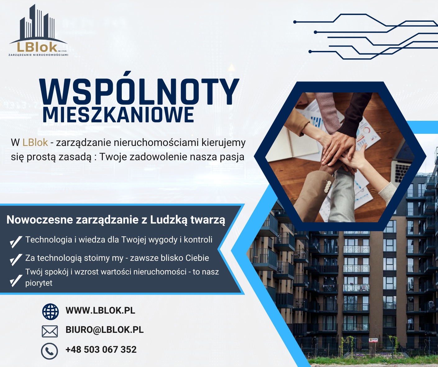 Grafika reklamowa LBlok: Wspólnoty Mieszkaniowe. Układ dłoni symbolizuje współpracę, a nowoczesny budynek w tle podkreśla profesjonalizm zarządzania nieruchomościami.