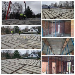 TUBUD TOMASZ URZĘDOWICZ - Budowa domu: wylewanie stropu Teriva z użyciem pompy do betonu, widok na zbrojenie i pustaki szalunkowe. Wnętrze budynku ze ścianami z cegły i podporami stropu.