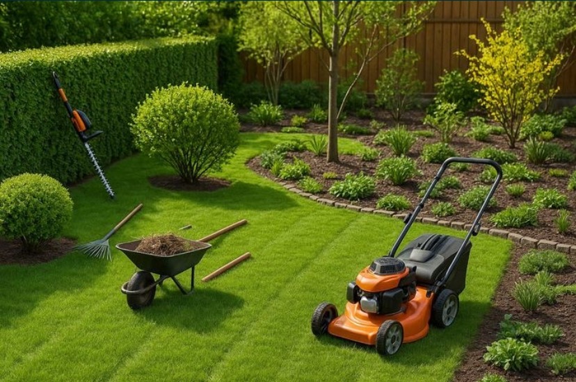 Zadbany ogród z równo przystrzyżonym trawnikiem, taczką z ziemią, grabiami i żywopłotem. Widoczna kosiarka i nożyce do żywopłotu. Świeżo skoszona trawa.