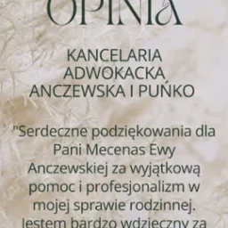 Elegancka grafika z tekstem opinii o Kancelarii Adwokackiej Anczewska i Puńko, z podziękowaniami za pomoc w sprawie rodzinnej, na tle delikatnych puszystych traw.