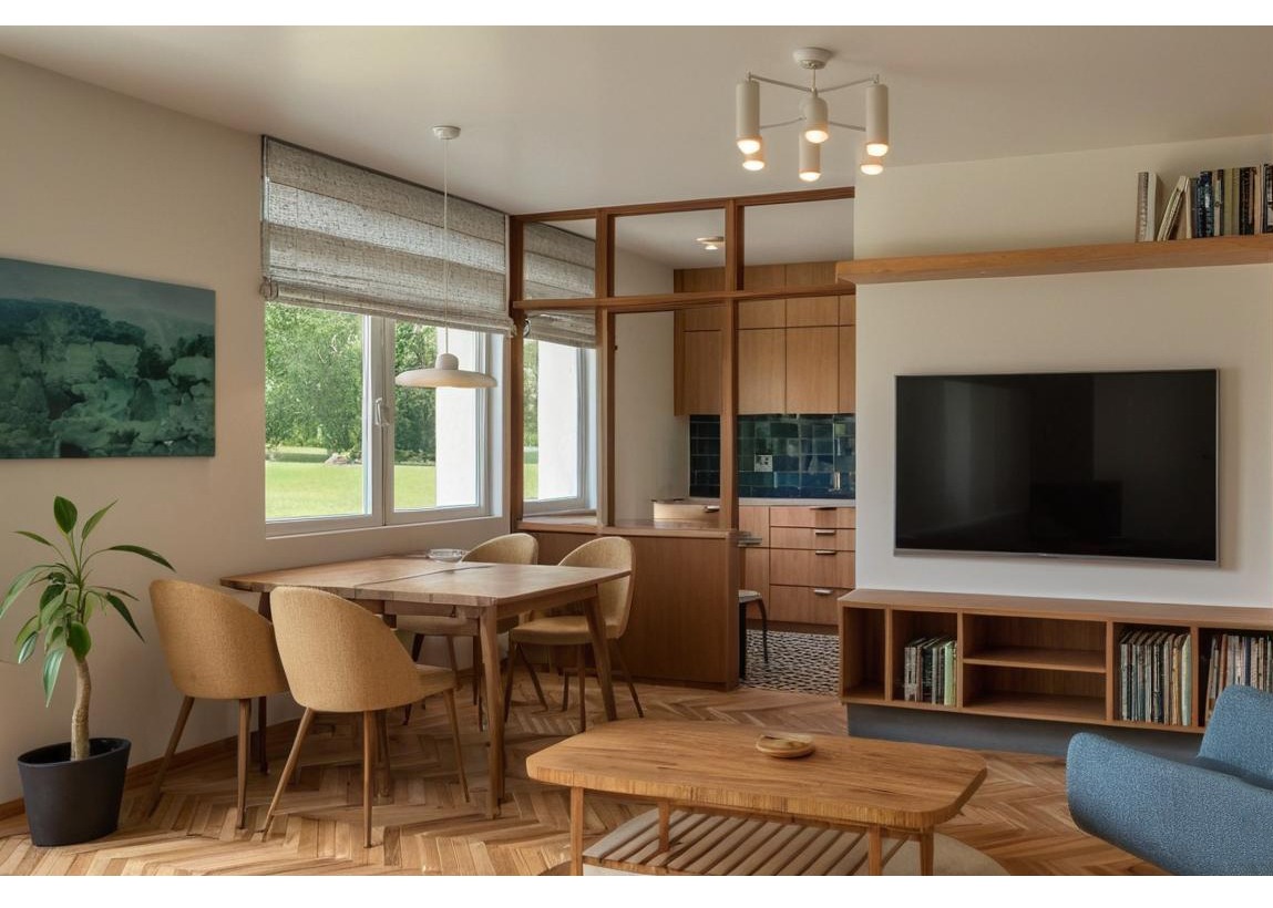 Jasne wnętrze z drewnianą podłogą w jodełkę. Stół jadalny z krzesłami, telewizor na ścianie i częściowo widoczna kuchnia z niebieskimi płytkami.