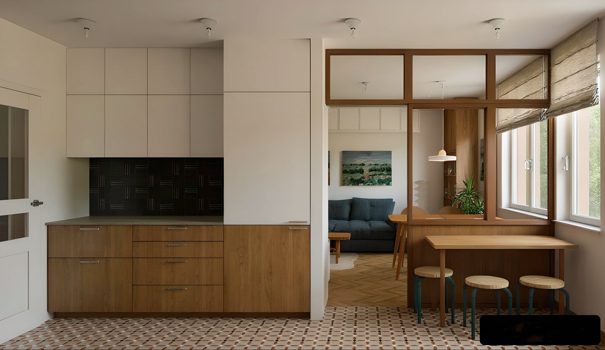 Nowoczesna kuchnia z drewnianymi szafkami i czarnym backsplash'em, widok na salon przez drewnianą ramę. Jasne wnętrze z naturalnym światłem i parkietem w jodełkę.