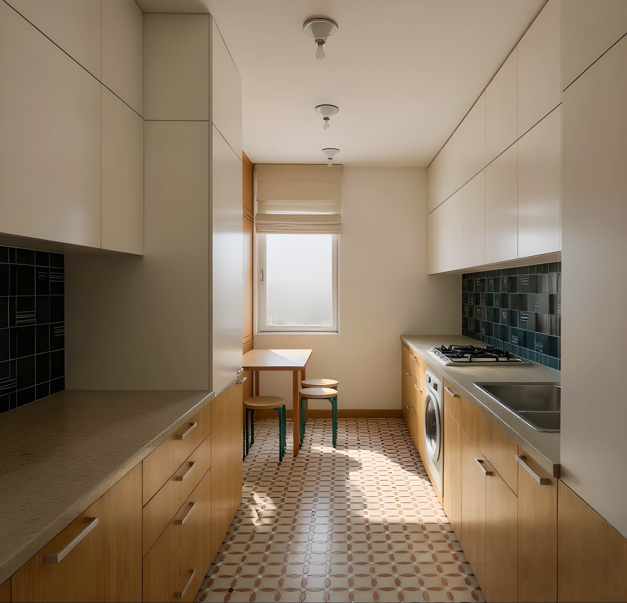 Wąska kuchnia w stylu retro z drewnianymi szafkami, wzorzystą podłogą, małym stolikiem i okrągłymi stołkami. Ciemne płytki nad blatem. W tle okno z roletą.