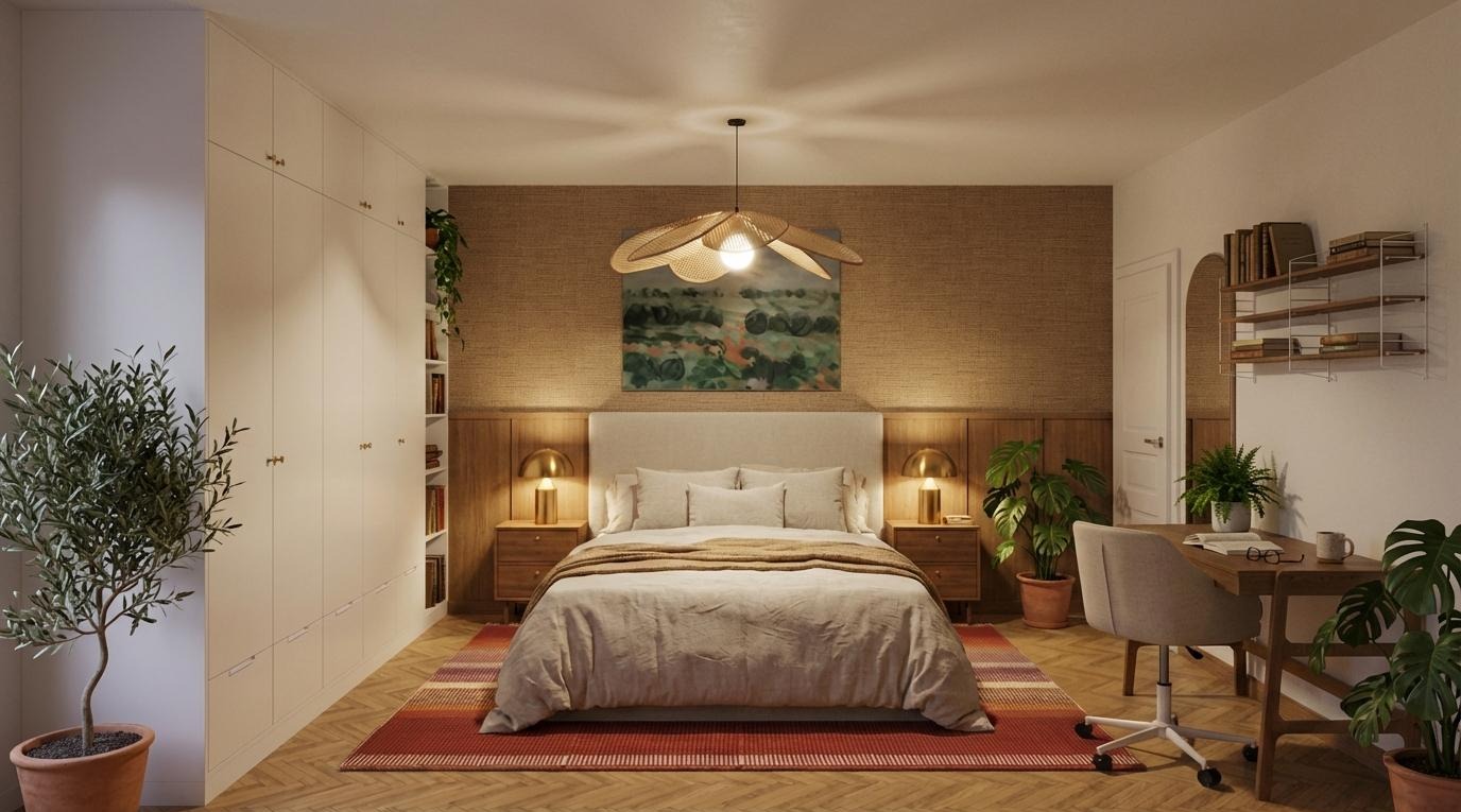 Przytulna sypialnia z łóżkiem, biurkiem i szafą w zabudowie. Naturalne materiały, ciepłe oświetlenie i rośliny tworzą harmonijną przestrzeń. Widok na wnętrze.