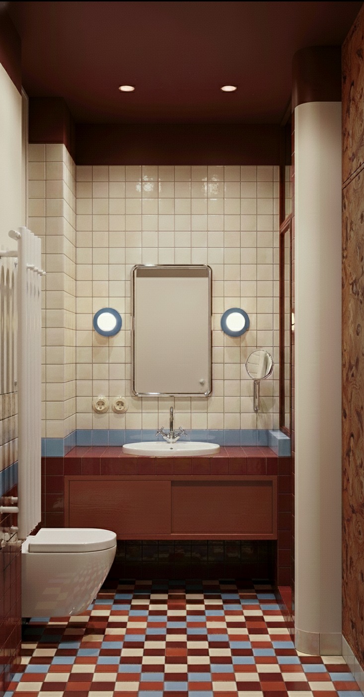 Retro łazienka z kwadratowymi płytkami podłogowymi w odcieniach czerwieni i błękitu. Umywalka z szafką, okrągłe lampy i duże lustro. Ciemnoczerwony sufit i listwy.