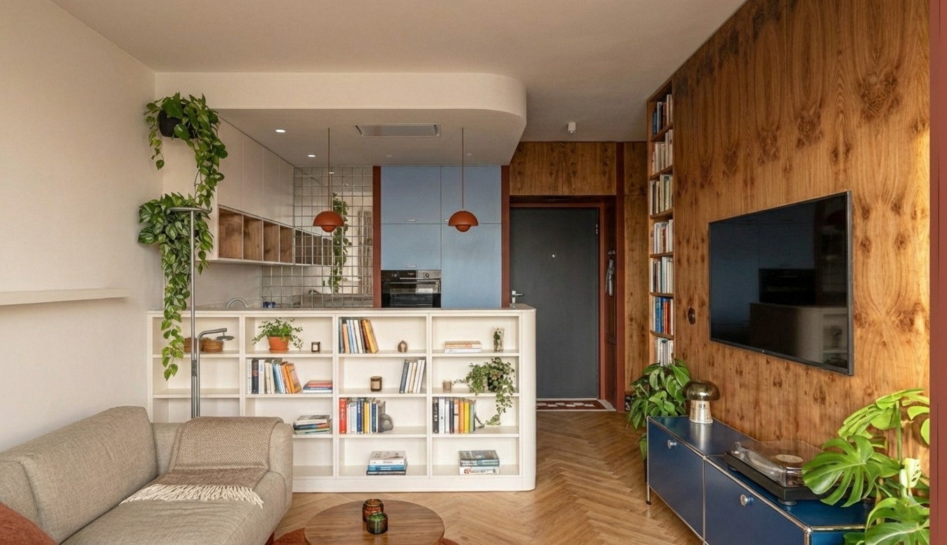 Salon z otwartą kuchnią: drewniana ściana, regał z książkami, sofa i rośliny doniczkowe. Widok na niebieską zabudowę kuchenną i parkiet w jodełkę.