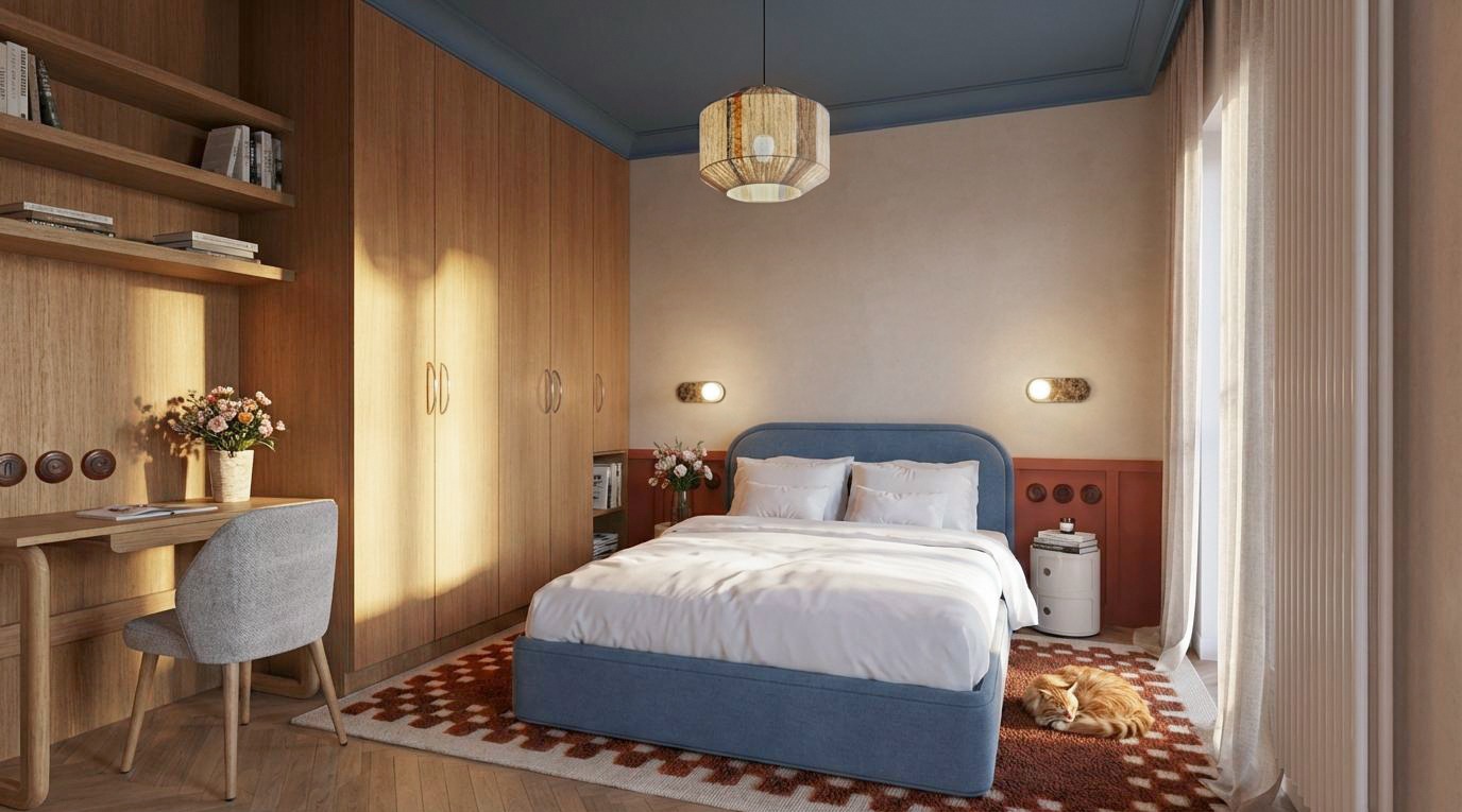 Przytulna sypialnia z niebieskim łóżkiem, drewnianą szafą wnękową i biurkiem. Na dywanie śpi rudy kot. Ciepłe oświetlenie i stonowana kolorystyka.