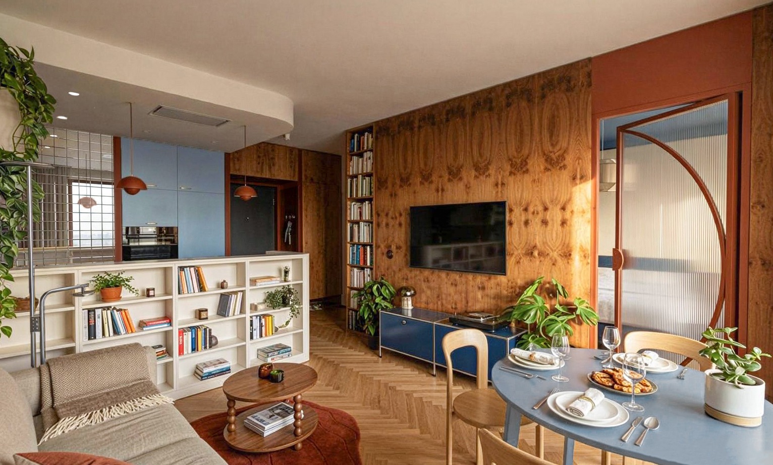 Stylowe wnętrze mieszkania z drewnianą ścianą, niebieskimi akcentami i parkietem w jodełkę. Widoczny stół z zastawą, regał z książkami i rośliny doniczkowe.