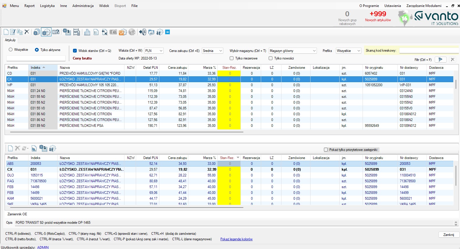 Ekran programu Vanto IT Solutions z listą części samochodowych: łożyska, pierścienie, przewody. Widoczne ceny, stany magazynowe i dane dostawców.