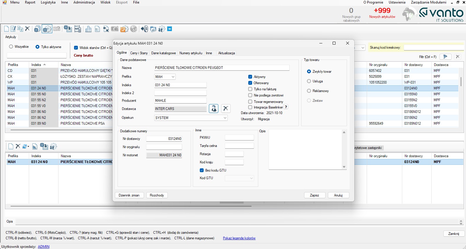 Okno programu z listą i edycją artykułów motoryzacyjnych, widoczne szczegóły: indeks, nazwa (np. 'PIERŚCIENIE TŁOKOWE CITROEN'), producent, dostawca, data utworzenia.