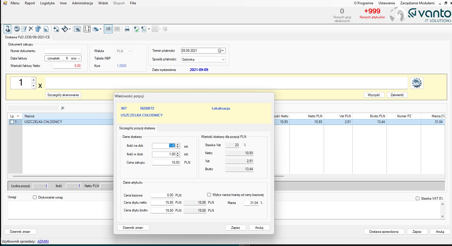 Okno programu Vanto IT Solutions z widocznymi danymi faktury zakupu uszczelki chłodnicy, w tym wartości netto, VAT i brutto oraz termin płatności.