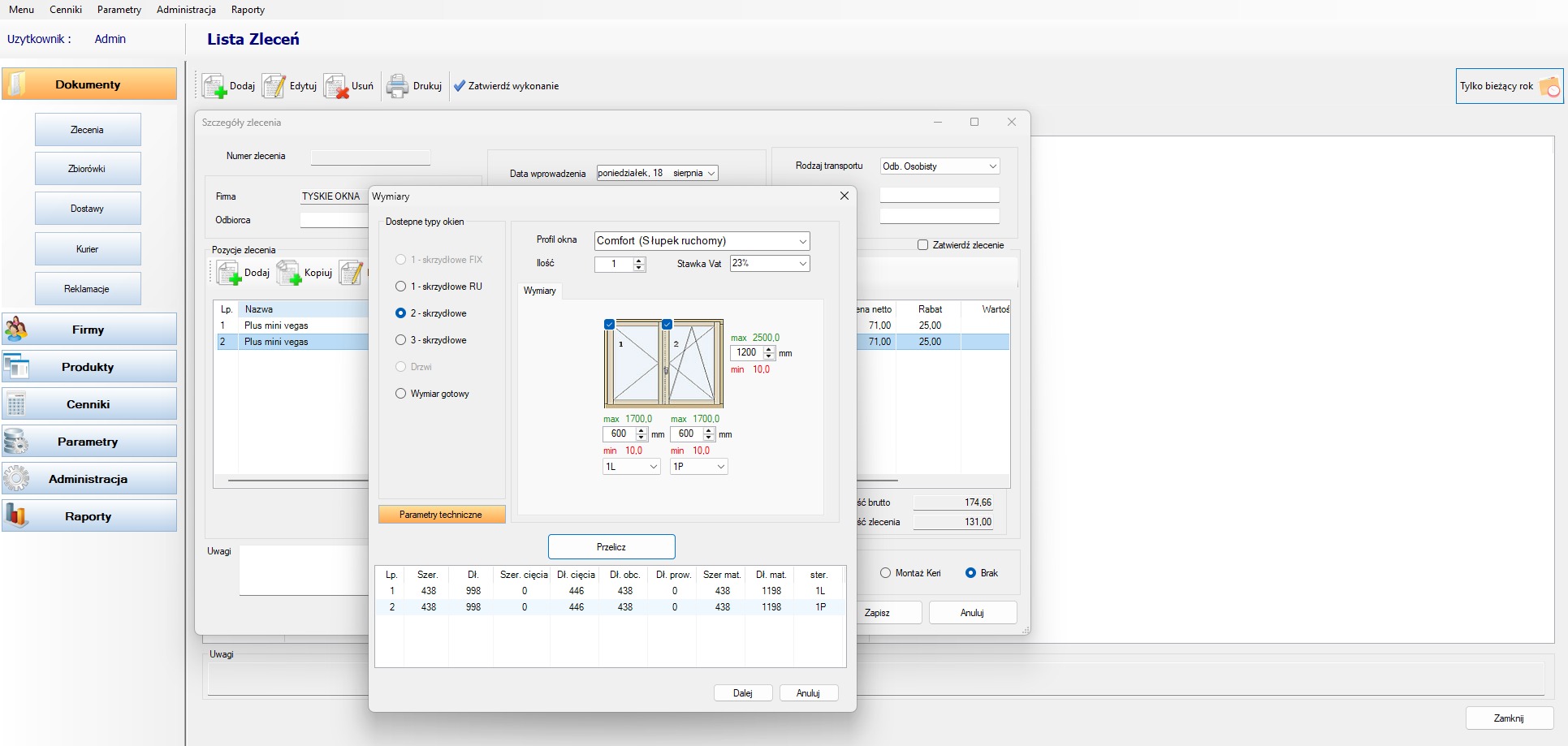 Okno programu do zarządzania zamówieniami okien: lista zleceń, szczegóły okna dwuskrzydłowego, wymiary, parametry techniczne, dane firmy Tyskie Okna.