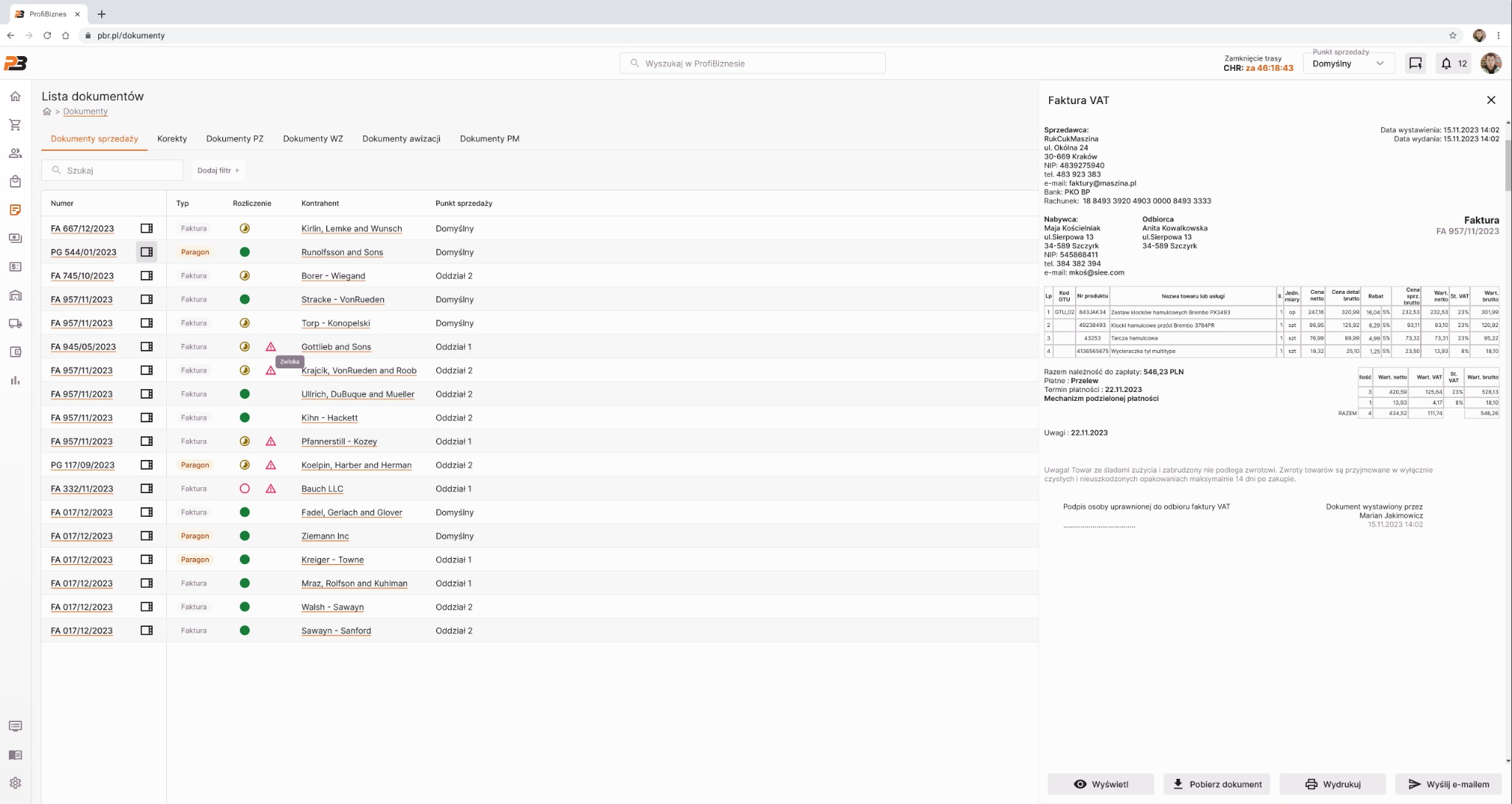 Lista faktur VAT w systemie ProfiBiznes z danymi kontrahentów, kwotami i datami. Widoczne szczegóły faktury: sprzedawca, nabywca, towary, kwoty brutto i netto.