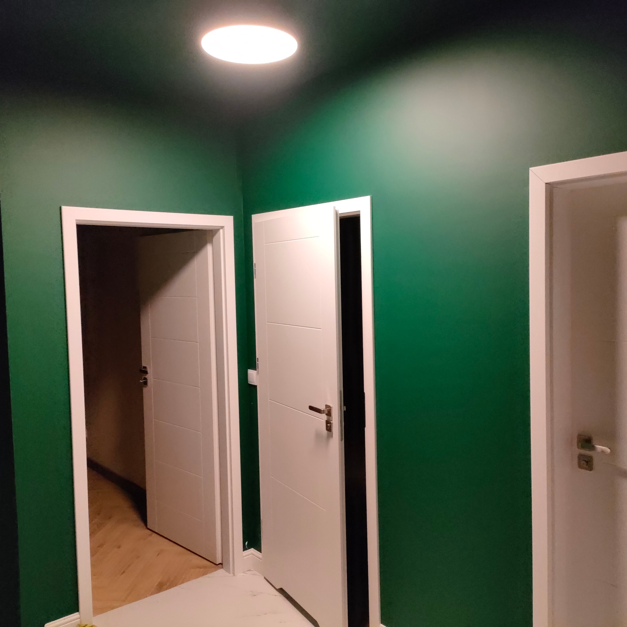Ściana pomalowana na zielono z trzema białymi drzwiami. Dwoje drzwi jest otwartych, a jedne zamknięte. Na suficie widoczne oświetlenie punktowe.