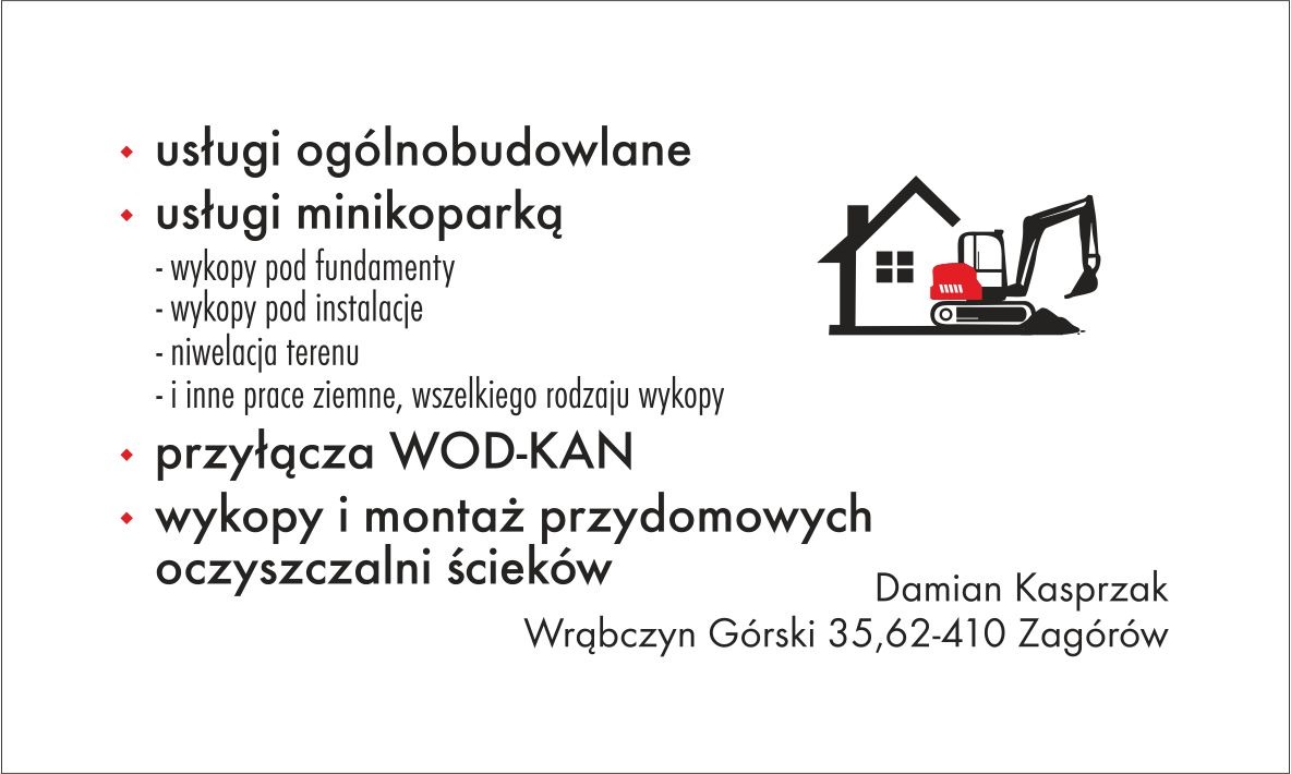 Grafika z listą usług: ogólnobudowlane, minikoparką, przyłącza WOD-KAN, wykopy i montaż oczyszczalni. Logo z domem i koparką. Dane kontaktowe firmy.