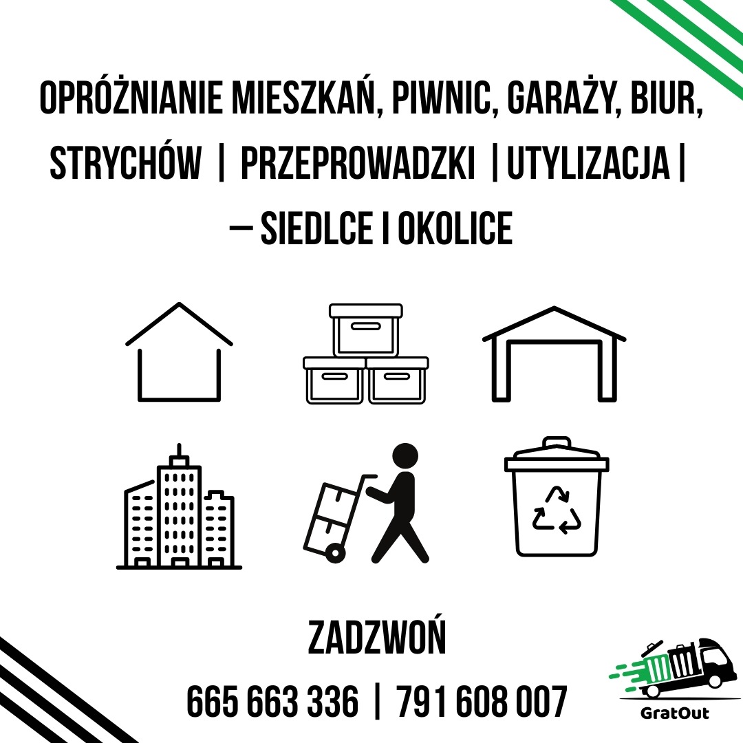 Grafika informacyjna: Opróżnianie mieszkań, przeprowadzki, utylizacja w Siedlcach i okolicach. Kontakt telefoniczny. Ikony: dom, kartony, garaż, blok, wózek, kosz.