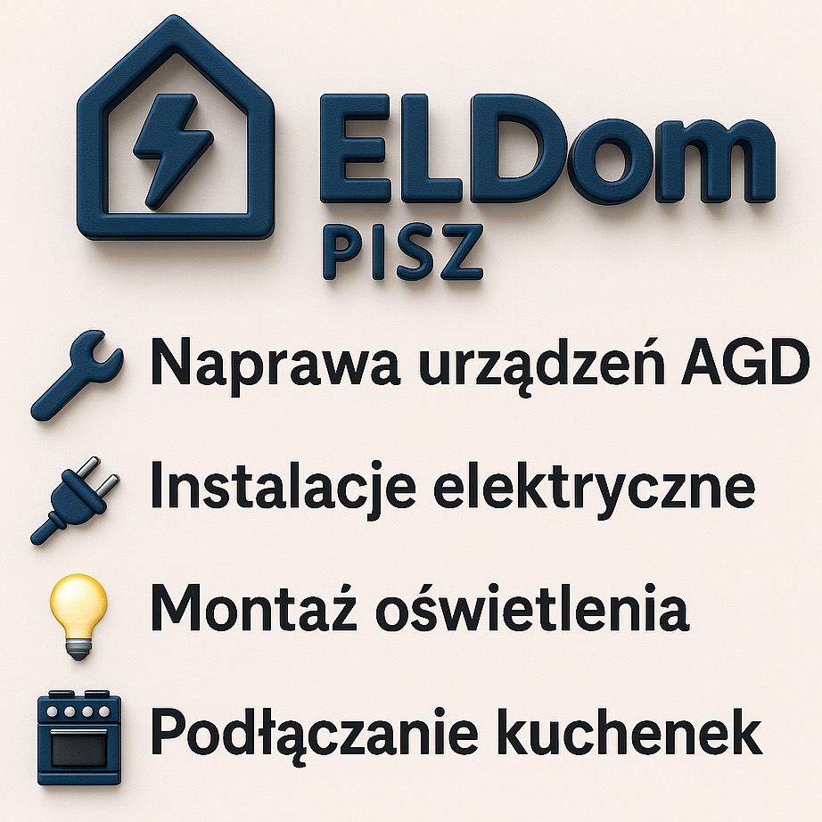 Grafika ELDom Pisz prezentuje ofertę: naprawa AGD, instalacje elektryczne, montaż oświetlenia, podłączanie kuchenek. Logo firmy z symbolem błyskawicy w domu.