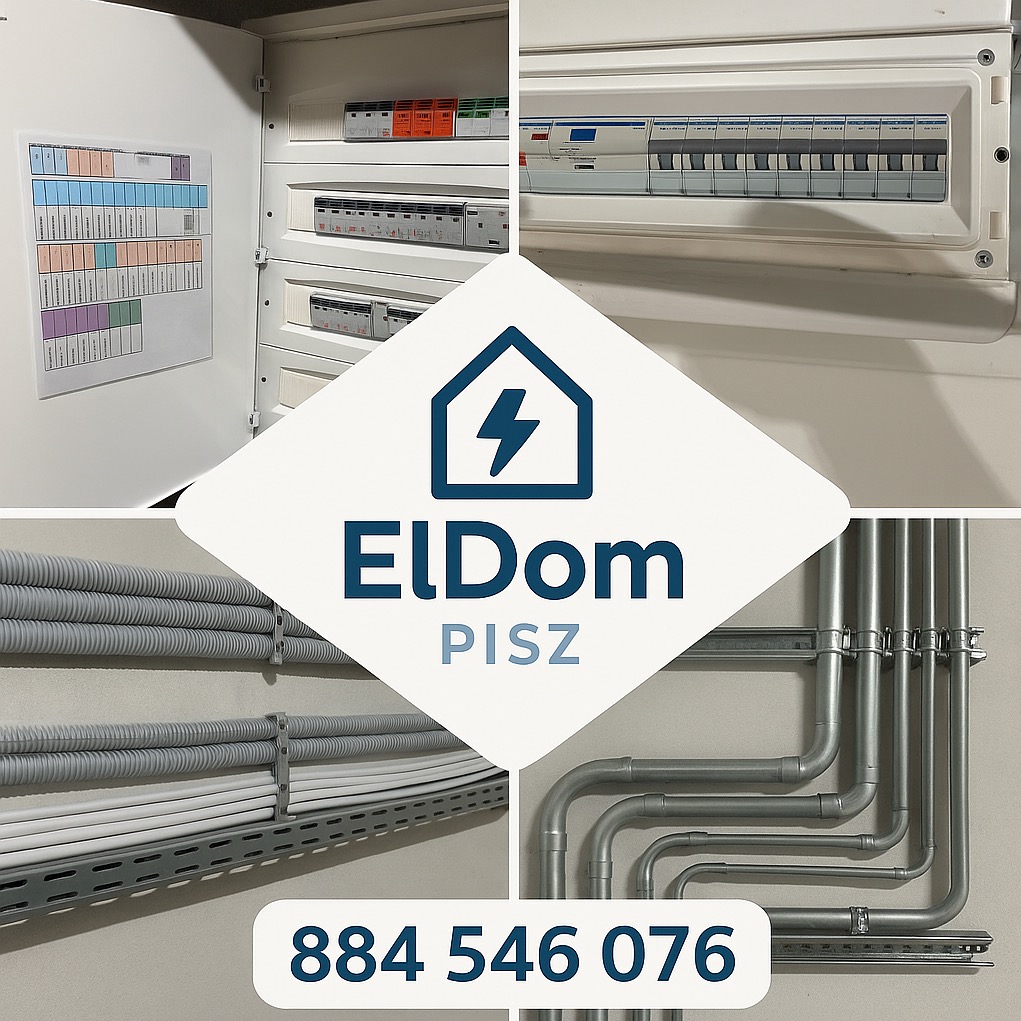 Rozdzielnia elektryczna z schematem, kable w peszlach i metalowe rury instalacyjne. Logo firmy ElDom Pisz na pierwszym planie. Numer telefonu.