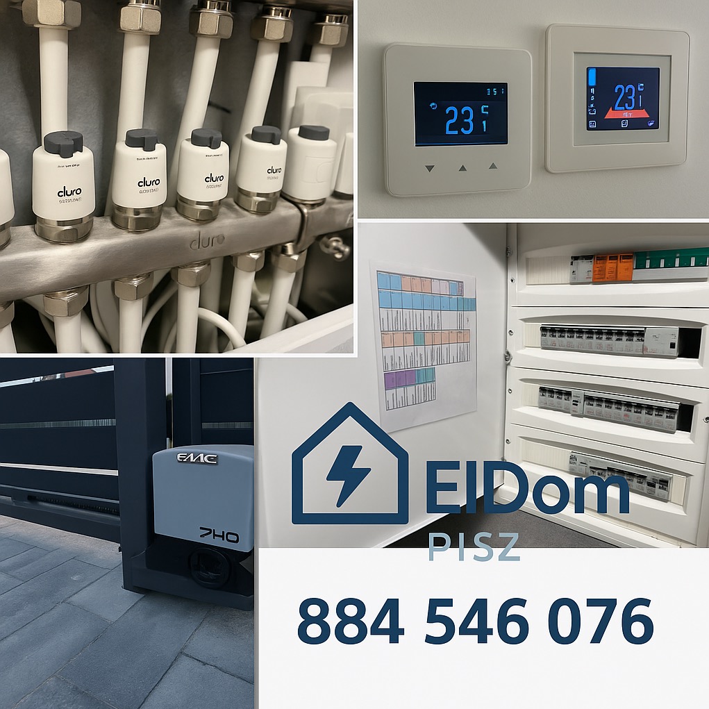 Zestawienie instalacji: rozdzielacz ogrzewania podłogowego Cluro, termostaty, skrzynka bezpiecznikowa z schematem, automat do bramy. Usługi elektryczne i automatyka.