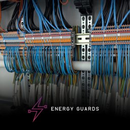 Mateusz Darski ENERGY GUARDS - Rozdzielnia elektryczna z precyzyjnie ułożonymi przewodami w kolorach niebieskim, pomarańczowym i czarnym. Widoczne oznaczenia na końcówkach kabli.