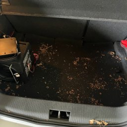 Perfect-Color - Bagażnik samochodu z subwooferem i rozrzuconymi liśćmi, widok z góry. Wnętrze pojazdu wymaga czyszczenia.