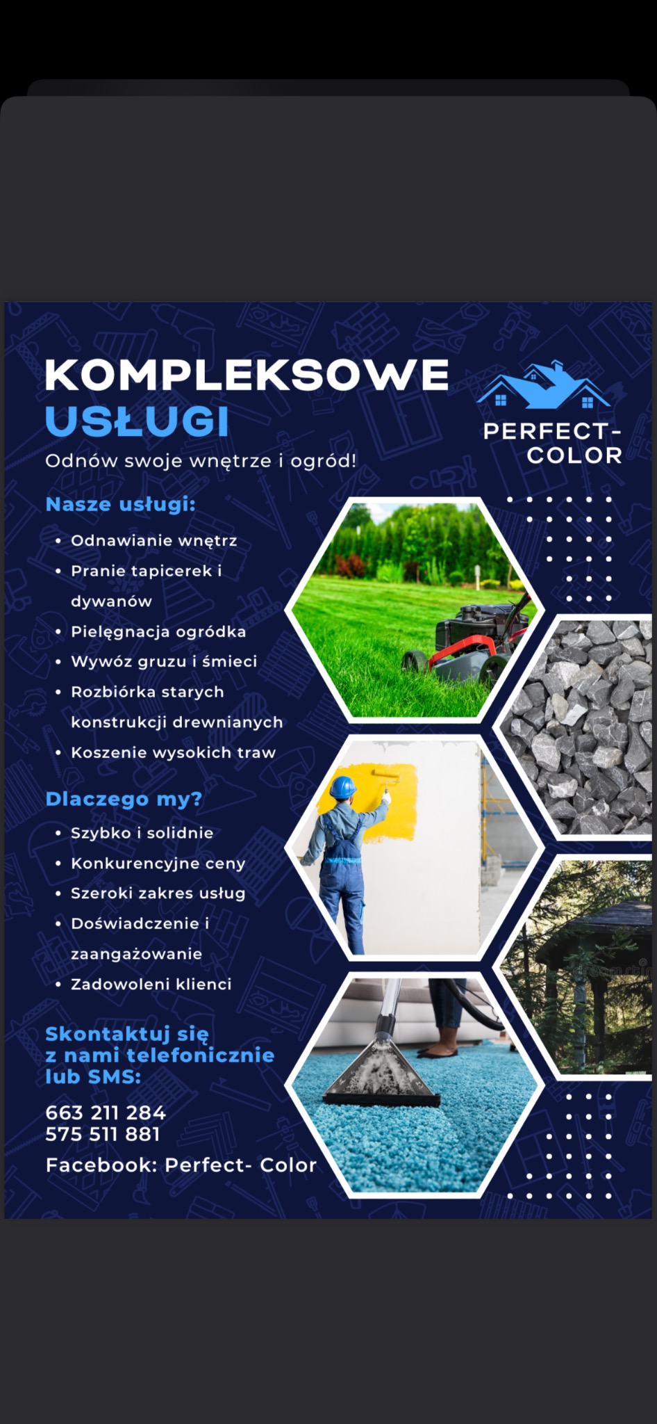 Kompleksowe usługi: koszenie trawy kosiarką, malowanie ścian wałkiem, czyszczenie dywanów odkurzaczem, wywóz gruzu, pielęgnacja ogródka, rozbiórka konstrukcji.