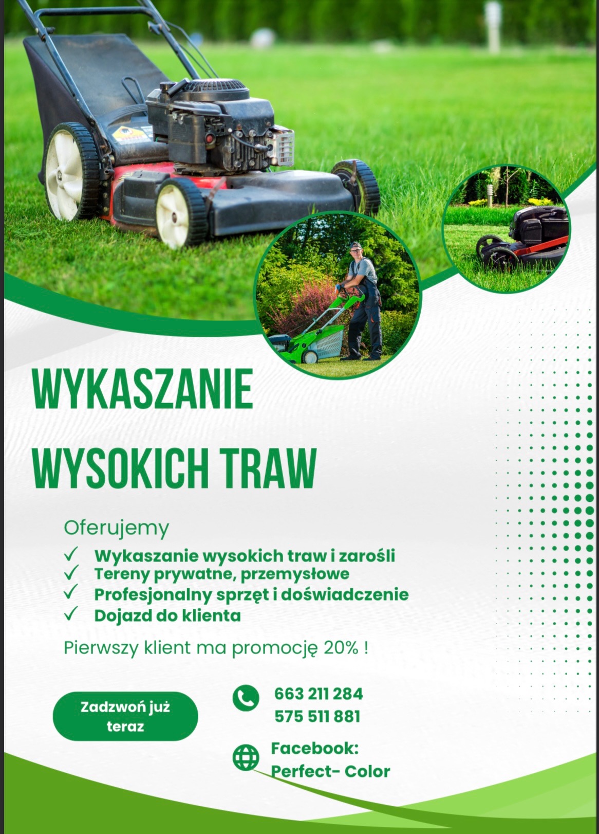 Grafika reklamowa: Wykaszanie wysokich traw z ofertą profesjonalnego sprzętu i dojazdu do klienta. Promocja dla pierwszego klienta. Kontakt telefoniczny i Facebook.