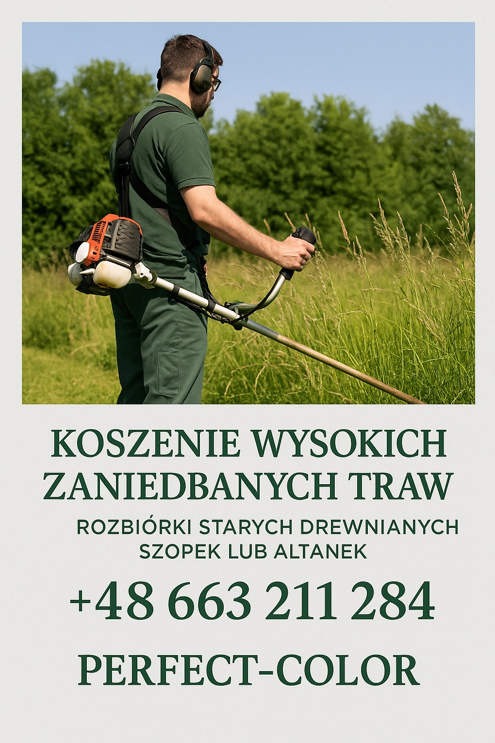 Mężczyzna z kosiarką spalinową tnie wysoką trawę na tle drzew. Widoczne słuchawki ochronne i uprząż. Reklama firmy PERFECT-COLOR z numerem telefonu.