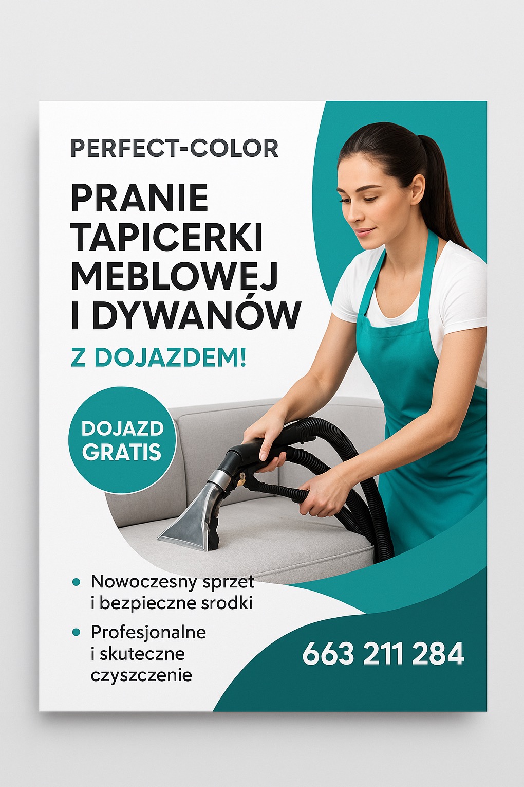 Plakat reklamowy: pranie tapicerki meblowej i dywanów z dojazdem. Kobieta w zielonym fartuchu czyści sofę odkurzaczem piorącym. Nowoczesny sprzęt i bezpieczne środki.