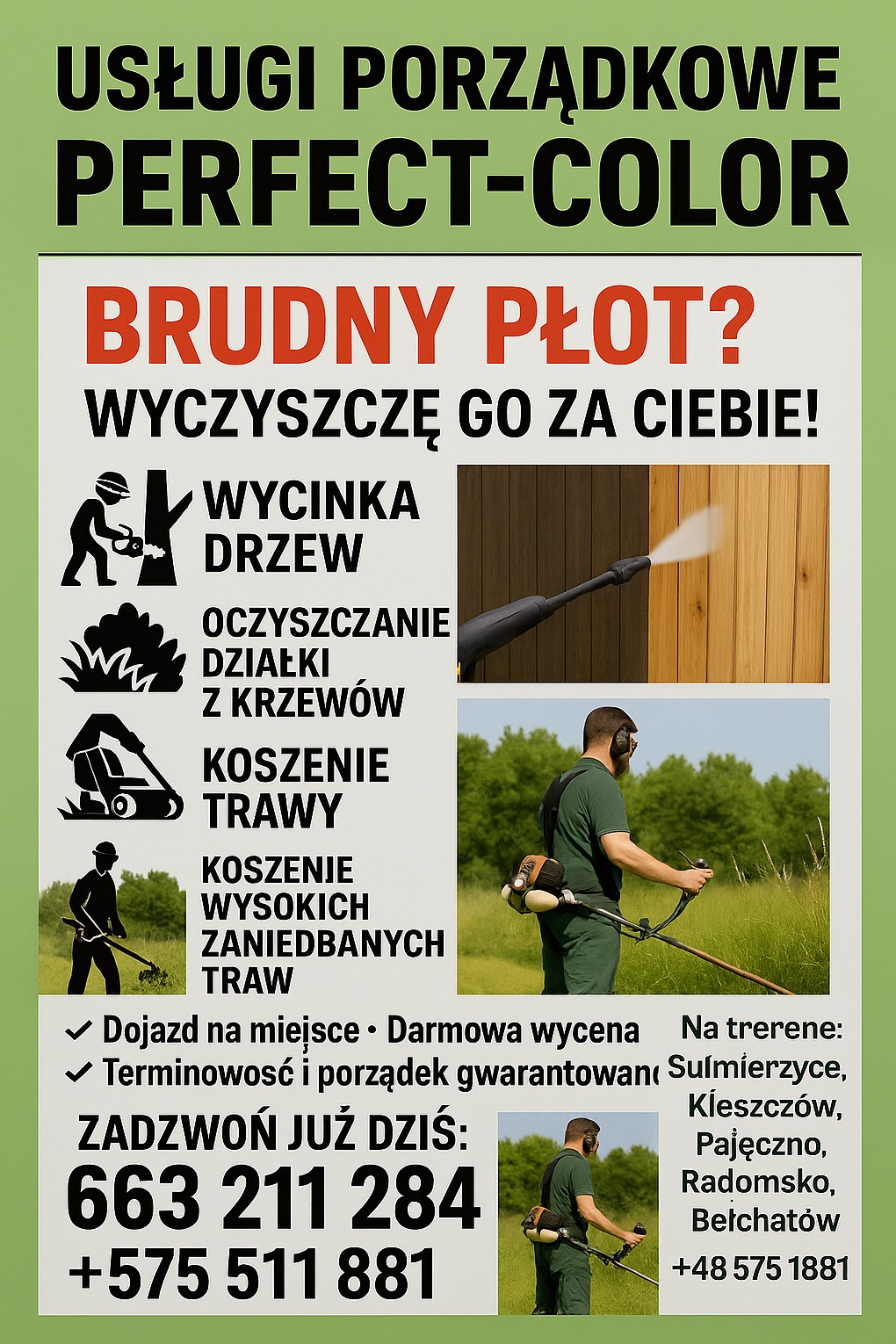Grafika reklamowa usług porządkowych Perfect-Color: wycinka drzew, czyszczenie działek, koszenie trawy. Brudny płot? Wyczyścimy go! Numery telefonów.