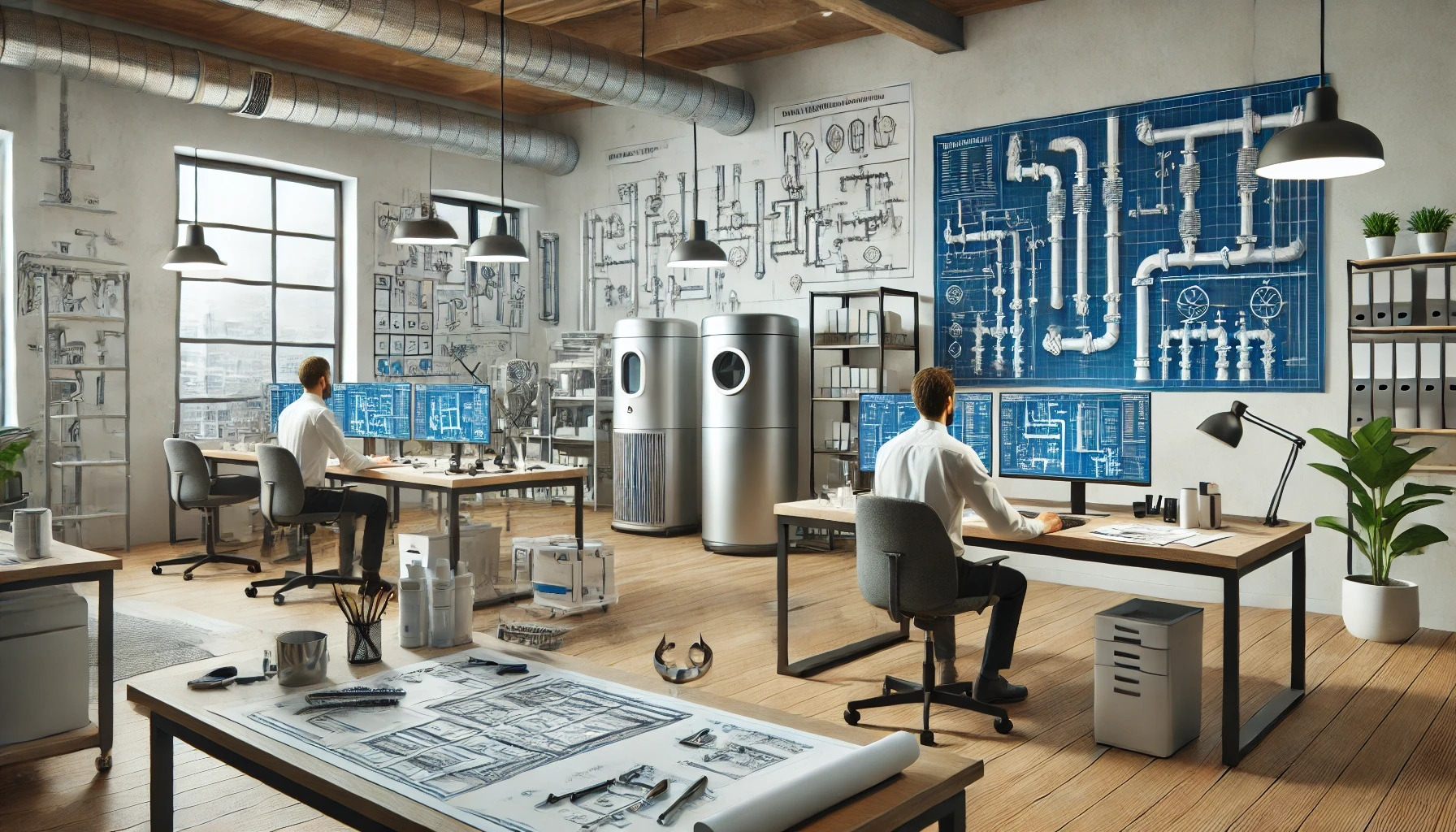 Przestronne biuro projektowe z inżynierami pracującymi nad planami instalacji sanitarnych na monitorach i w formie rysunków. Widoczne elementy instalacji na ścianach.