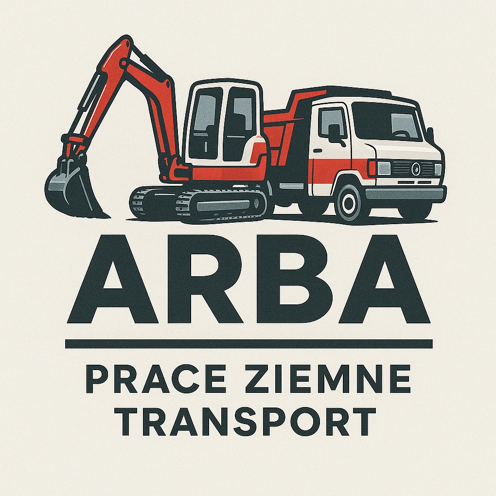 Ilustracja: koparka i wywrotka w barwach firmy ARBA, z napisem 'PRACE ZIEMNE TRANSPORT'. Grafika w stylu retro, na jasnym tle.