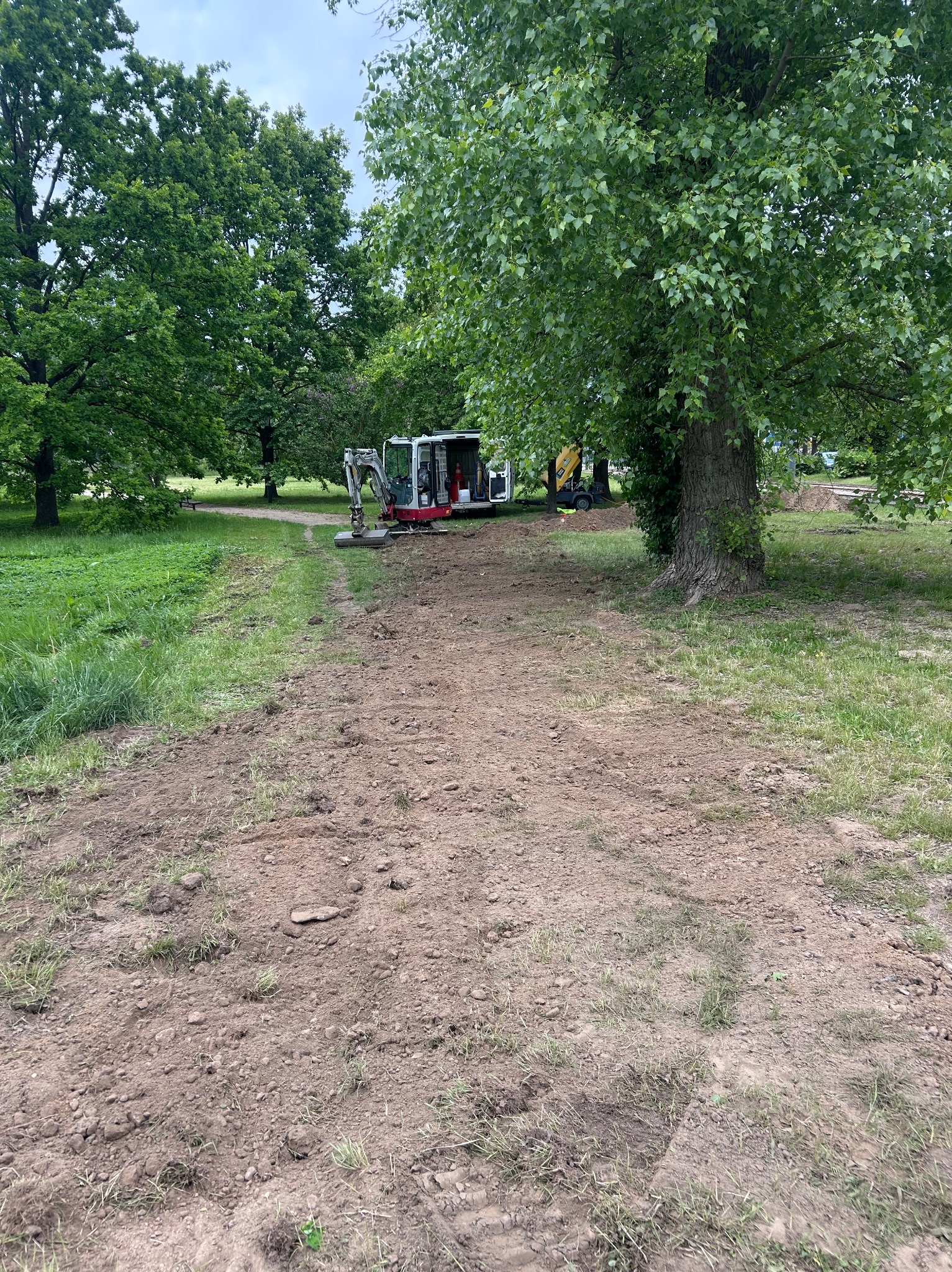 Mini koparka na terenie zielonym, przygotowany teren pod prace ziemne. Widoczny sprzęt budowlany i wykopany pas ziemi w otoczeniu drzew.