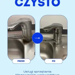 Kran kuchenny: porównanie stanu przed i po czyszczeniu. Usunięty osad i brud, powierzchnia lśniąca. Efekt sprzątania w Mazowieckim. Kontakt telefoniczny widoczny.