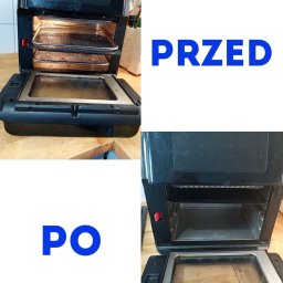 YAROSLAVA MOISIIENKO Firmą Sprzątająca CZYSTO - Frytkownica beztłuszczowa przed i po czyszczeniu. Widoczne zabrudzone wnętrze urządzenia oraz czyste po umyciu. Efekt czyszczenia z podziałem na przed i po.