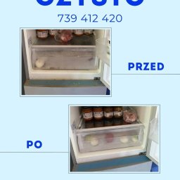 YAROSLAVA MOISIIENKO Firmą Sprzątająca CZYSTO - Zdjęcie lodówki 'przed' zanieczyszczeniami i 'po' czyszczeniu, z widocznymi słoikami i warzywami. Prezentacja efektu sprzątania z kontaktem do firmy.