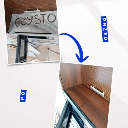 YAROSLAVA MOISIIENKO Firmą Sprzątająca CZYSTO - Zdjęcie 'przed i po' czyszczenia zabudowy kuchennej z piekarnikiem. Na pierwszym ujęciu napis 'CZYSTO' z kurzu, na drugim czysta powierzchnia.