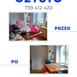 YAROSLAVA MOISIIENKO Firmą Sprzątająca CZYSTO - Zdjęcie 'przed i po' sprzątania pokoju: zagracony stół zabawek i ubrań, a następnie wysprzątany stół z czterema podkładkami i uporządkowane otoczenie.