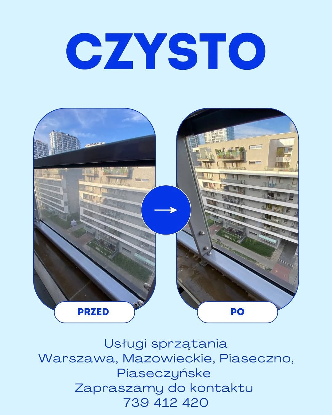 Mycie okien: porównanie 'przed' i 'po' na tle miejskiego krajobrazu. Okno po prawej stronie lśni czystością, kontrastując z zabrudzonym oknem po lewej.