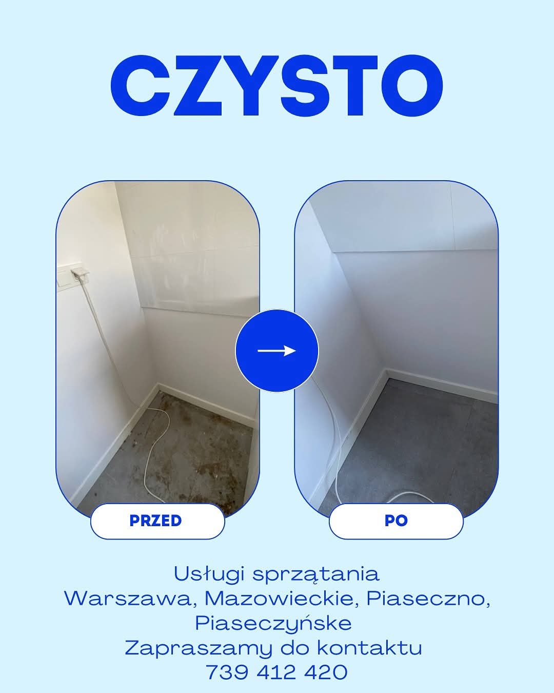 Zdjęcie 'przed i po' prezentujące efekt sprzątania. Widoczne odnowione ściany i podłoga w narożniku pomieszczenia. Czysto, schludnie i profesjonalnie.