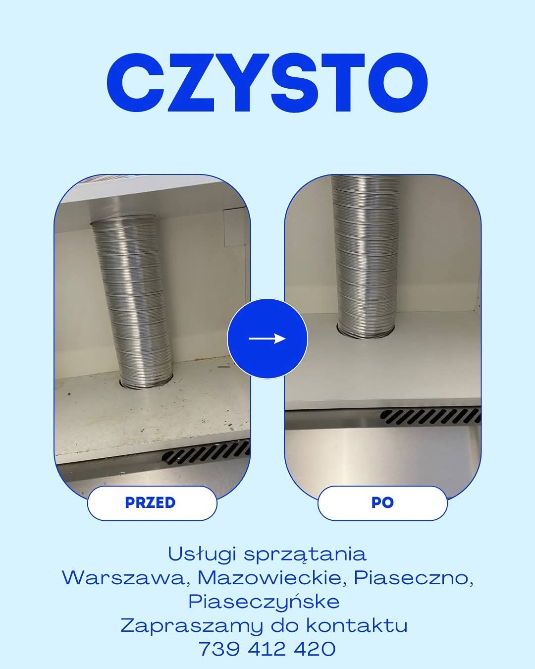 Czyszczenie okapu kuchennego: ujęcie 'przed' z tłustym osadem i 'po' z czystą powierzchnią. Widoczna metalowa rura wentylacyjna.